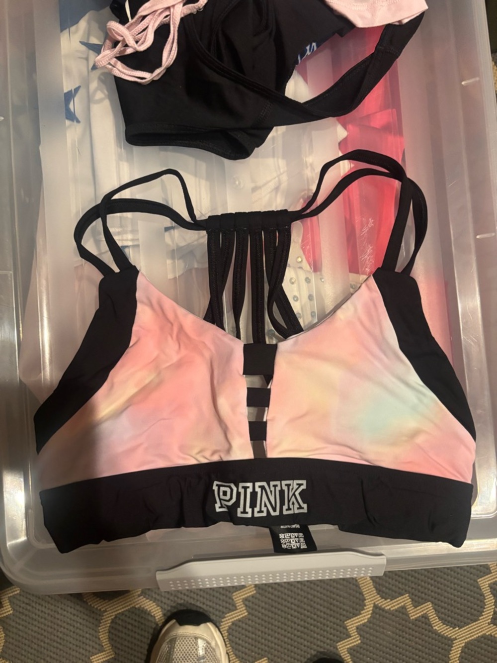 PINK Victoria's Secret Black and Pastel Tie-Dye Strappy Sports Bra